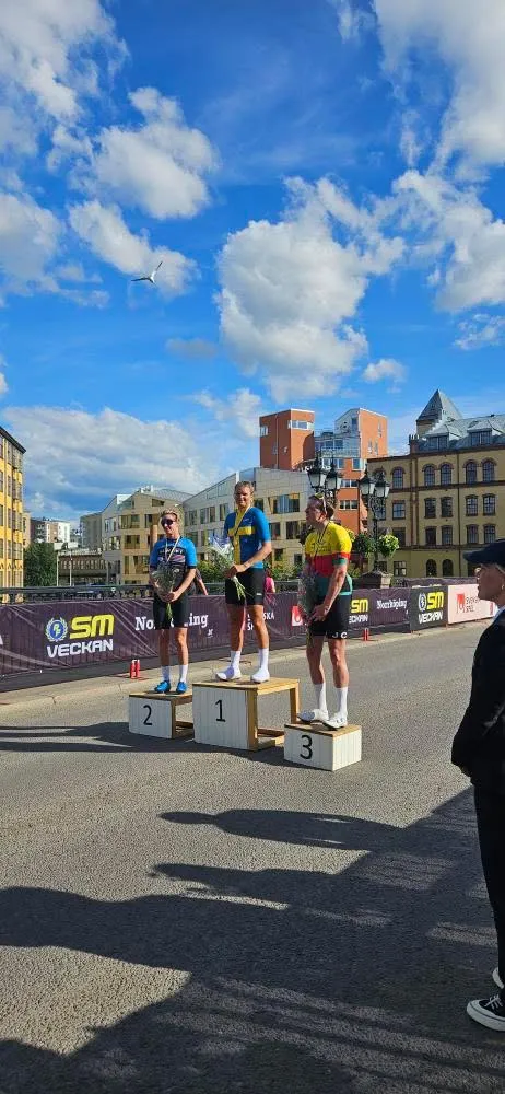 Emma on the top step of the podium at the Swedish championships in Norrköping, June 2025